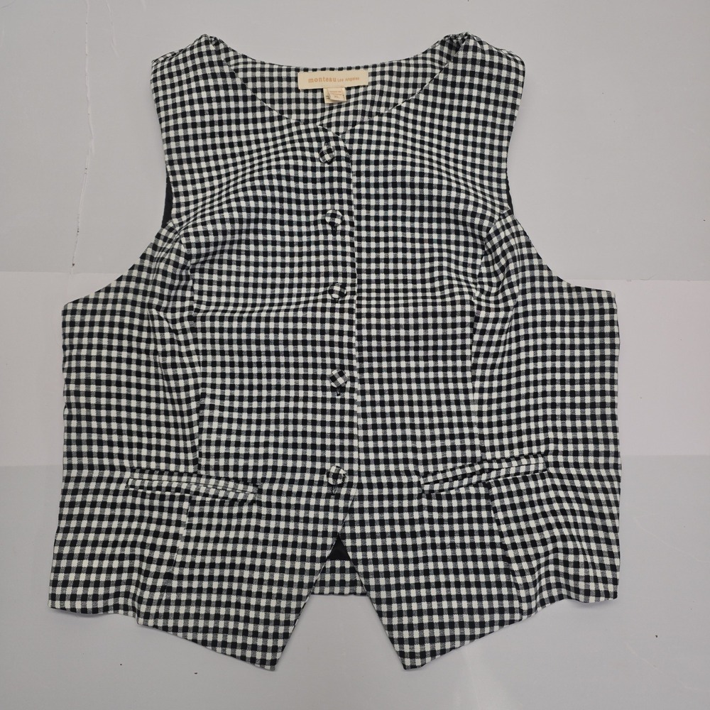 Monteau Los Angeles Womens XL Black White Gingham Button Front Vest V-Neck